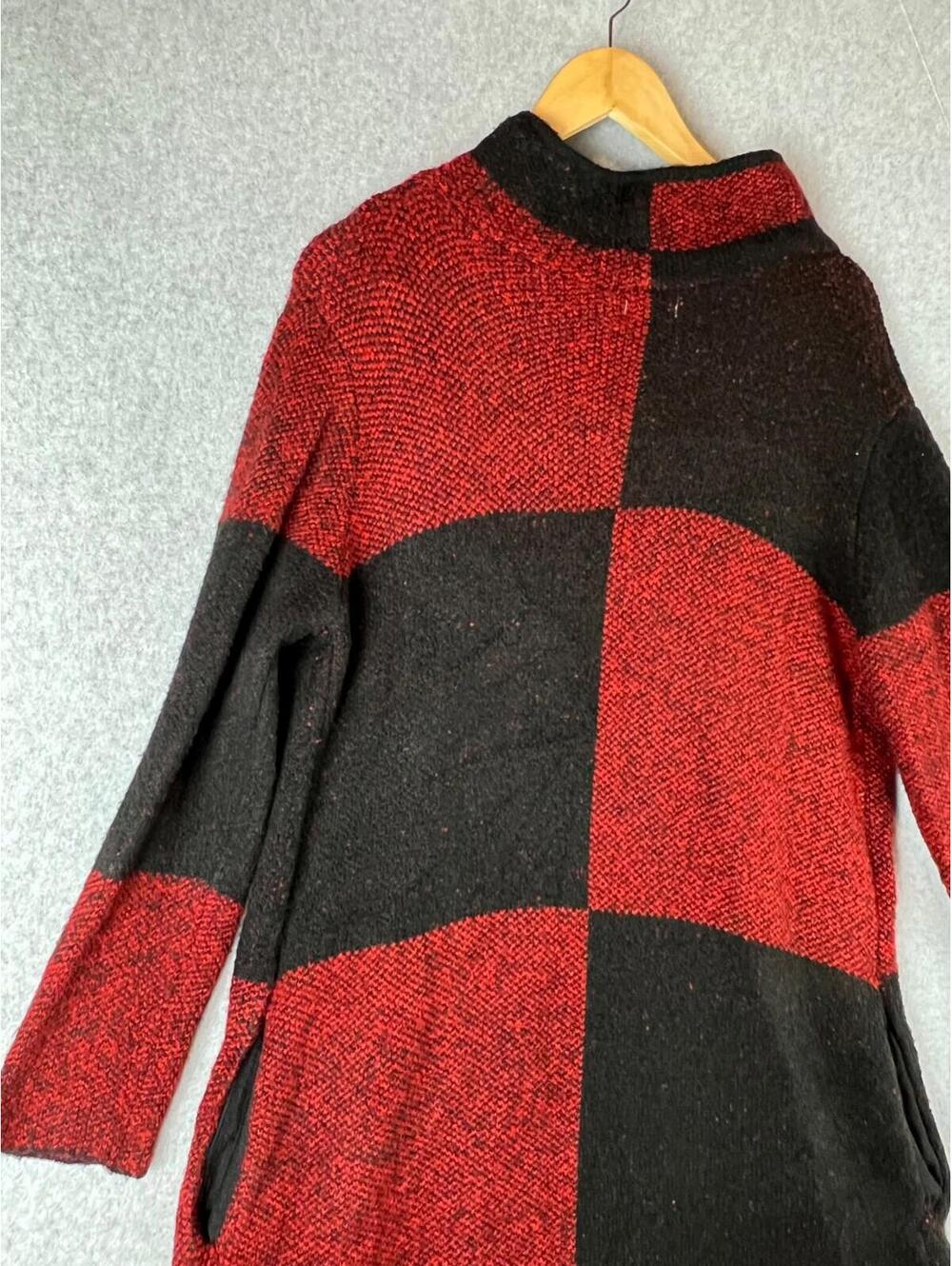 Checkered Trench Long Cardigan Knitted Sweater Womens M Classic Colorblock - Picture 8 of 12